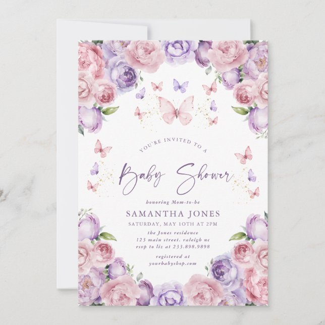 Modern Butterflies Purple Baby Shower Invitation (Front)
