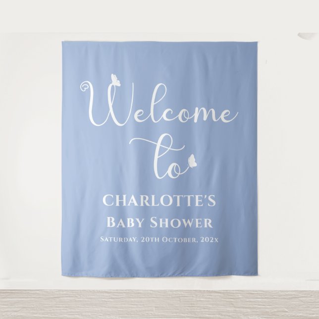 Modern Butterfly Calligraphy Baby Shower Backdrop Tapestry (Front)