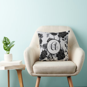Modern Butterfly Floral Noir With Monogram Throw Pillow