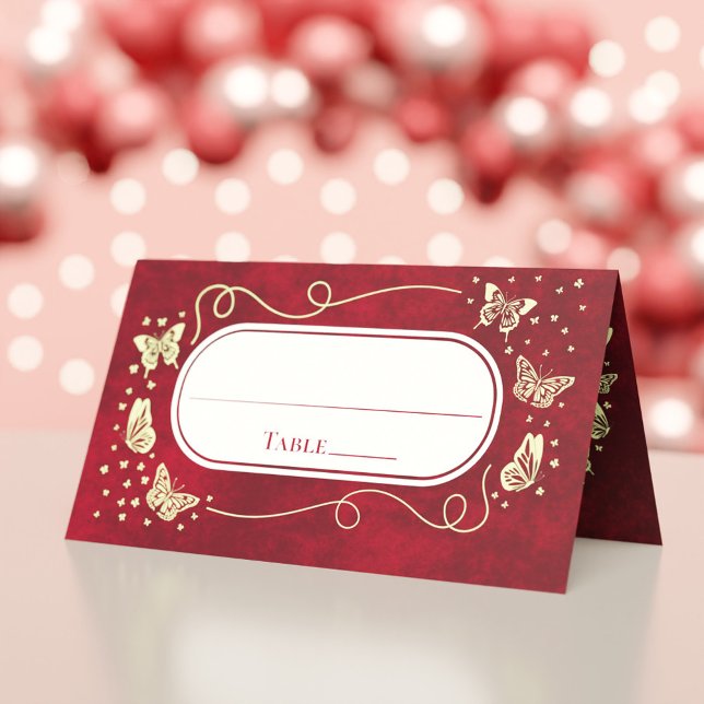 Modern Butterfly Gold Red Quinceañera 15 Years Old Place Card (Modern Butterfly Gold red Quinceañera 15 Years Old Place Card)