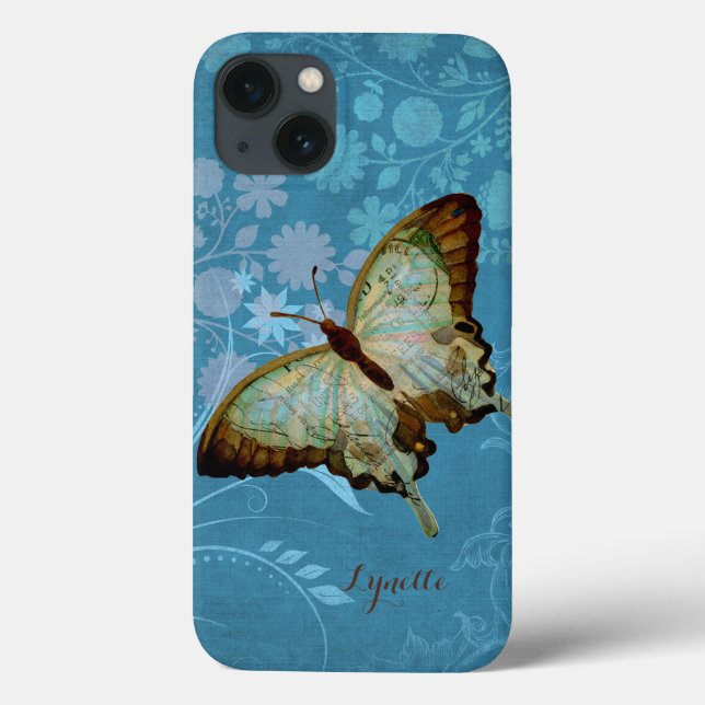 Modern Butterfly Linen Scroll Flourish Floral Case (Back)