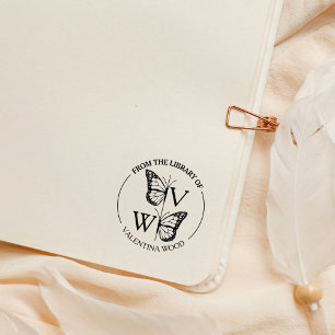 Modern Butterfly Monogram Library Book Rubber Stamp
