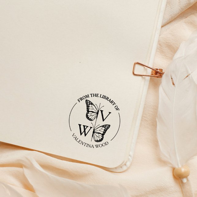 Modern Butterfly Monogram Library Book Rubber Stamp (Creator Uploaded)