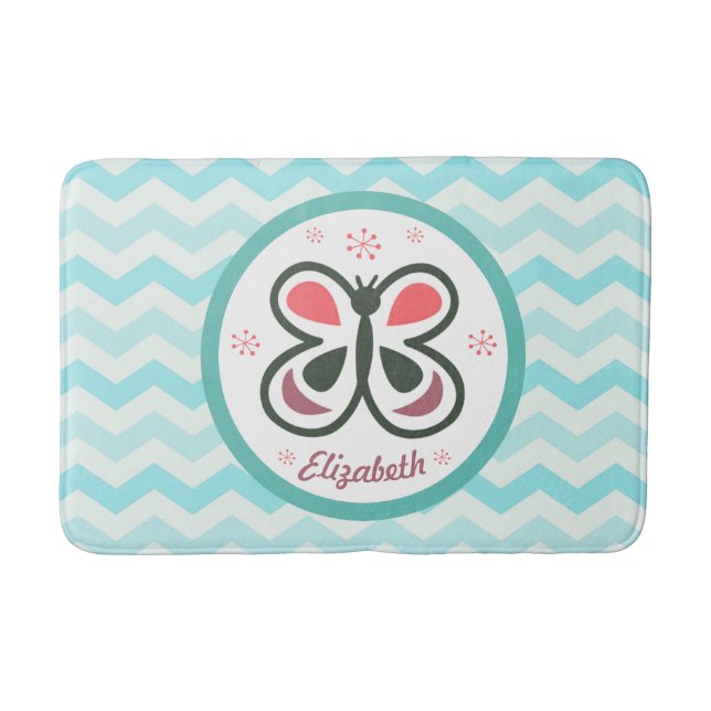 Modern Butterfly Personalized Chevron Kid Bathroom Bath Mat (Front)