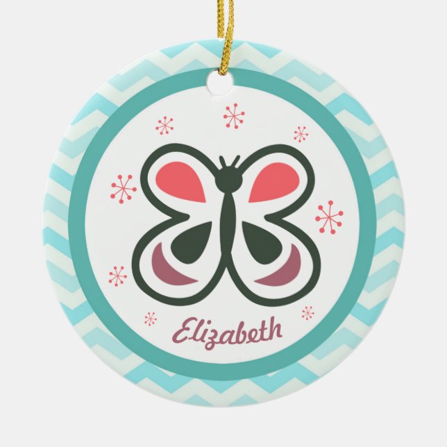 Modern Butterfly Personalized Chevron Kids Gift Ceramic Ornament (Front)