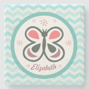 Modern Butterfly Personalized Chevron Kids Gift Stone Coaster