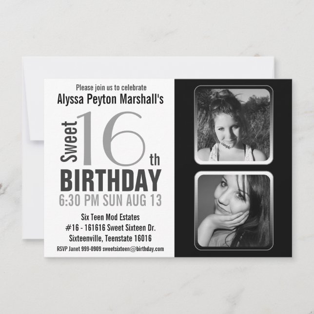 Modern BW 2 Photo Sweet 16 Party Invite (Front)