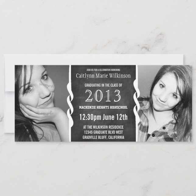 Modern BW Chalkboard 2 Photo Grad Party Invitation (Front)