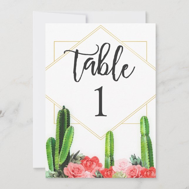 Modern Cactus and Floral Table Number Card (Front)