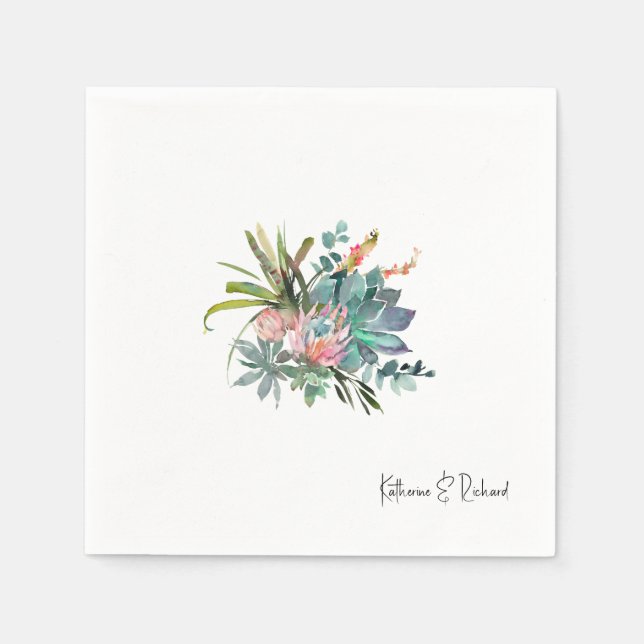 Modern Cactus Arrangement Wedding Script Names Napkin (Front)