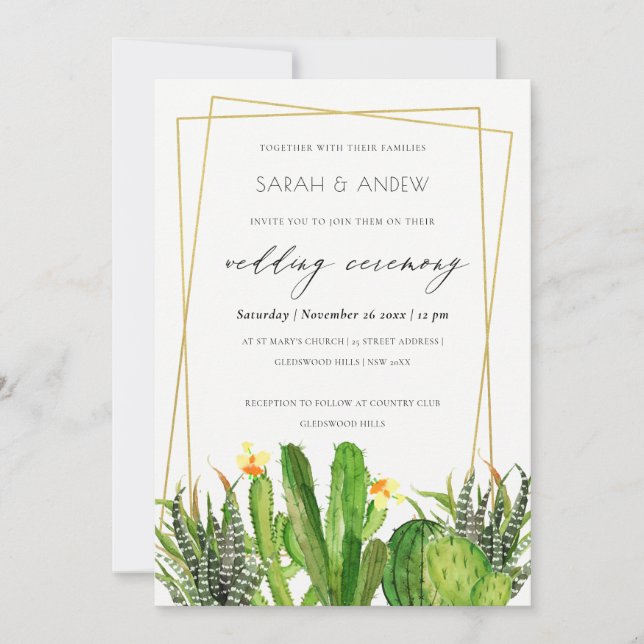 MODERN CACTUS FLORAL GARDEN WATERCOLOR WEDDING INVITATION (Front)