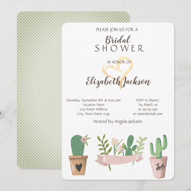 Modern Cactus Flower Gold Heart  Bridal Shower Invitation (Front/Back)