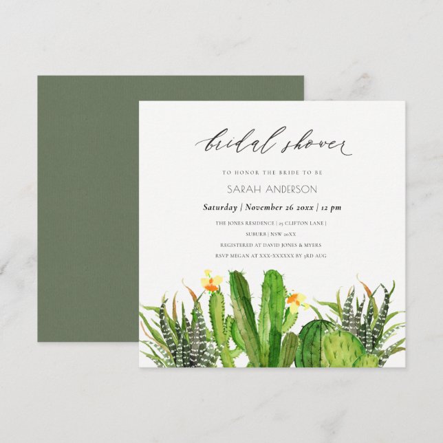 MODERN CACTUS GARDEN WATERCOLOR BRIDAL SHOWER INVITATION (Front/Back)