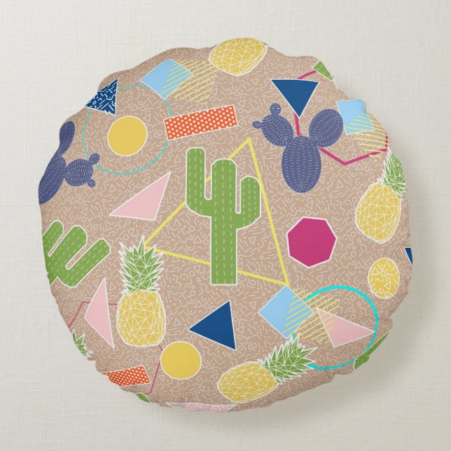 Modern cactus geometric Memphis inspired pattern Round Pillow (Back)