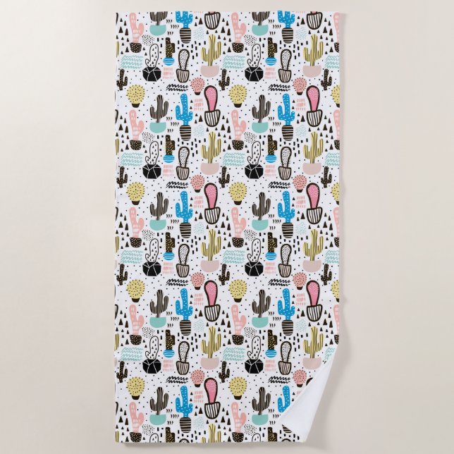 Modern Cactus Geometric Pattern Beach Towel (Front)