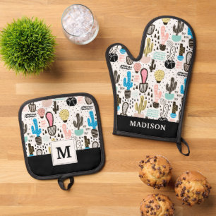 Modern Cactus Geometric Pattern Oven Mitt & Pot Holder Set