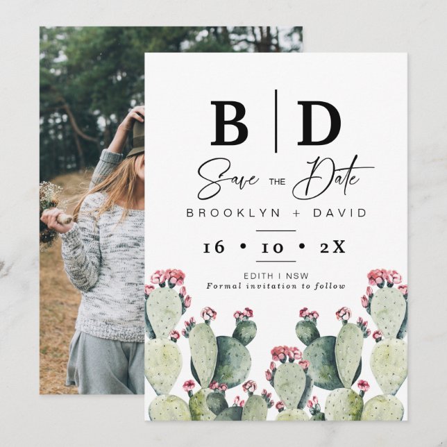 Modern Cactus Photo Wedding Save The Date Card (Front/Back)