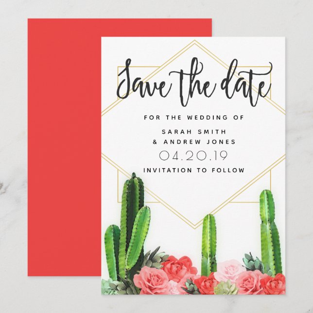 Modern Cactus, Succulent and Floral Save the Date (Front/Back)