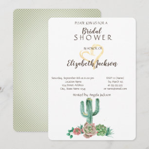 Modern Cactus Succulent Gold Heart  Bridal Shower  Invitation