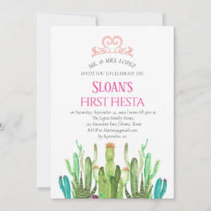 Modern Cactus Tiara First Fiesta Pink Birthday Invitation