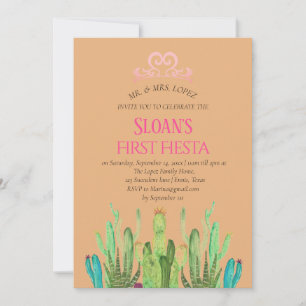 Modern Cactus Tiara First Fiesta Pink Birthday   Invitation