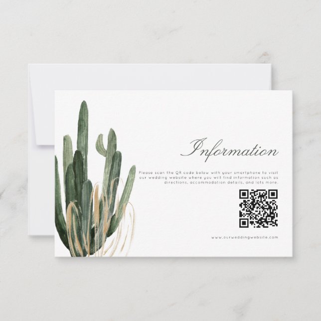 Modern Cactus Wedding Information QR Code card (Front)