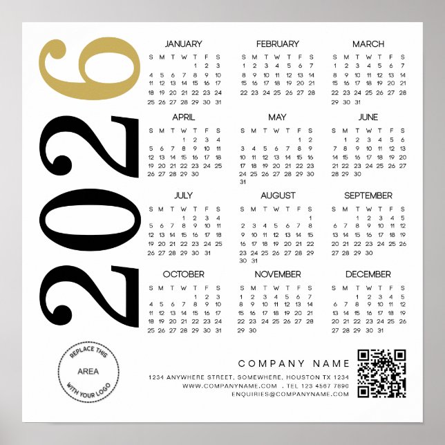 Modern Calendar 2026 Company Logo QR Code Poster (Front)