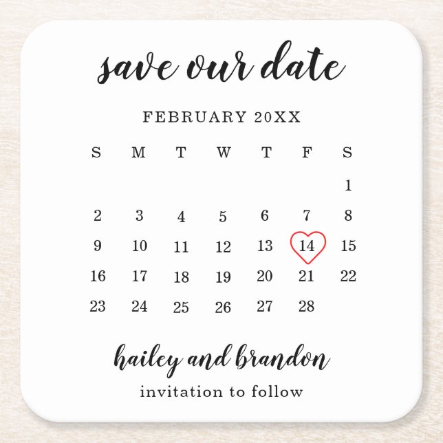 Modern Calendar Red Heart Wedding Save the Date Square Paper Coaster (Front)