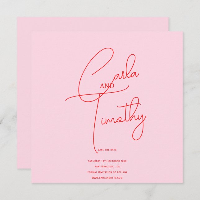 Modern Caligraphy Script Red Pink Photo Save Date  Save The Date (Front/Back)