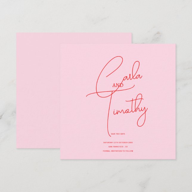 Modern Caligraphy Script Red Pink Wedding Save The Date (Front/Back)