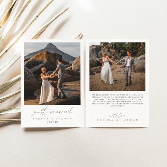Modern Calligraphy 2 Photo Just Married Wedding Announcement (Creator Uploaded)