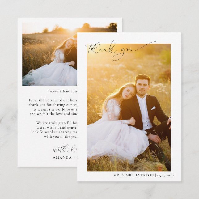 Modern Calligraphy 2 Photo Wedding Thank You Card (Front/Back)