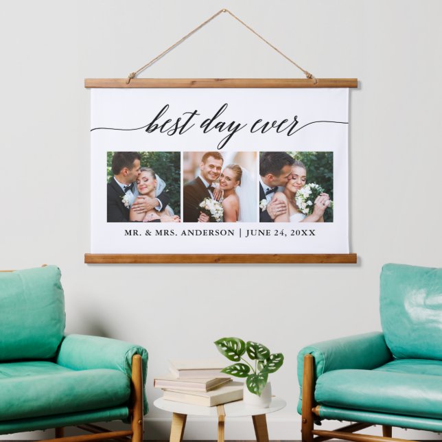 Modern Calligraphy 3 Photo Best Day Ever Wedding Hanging Tapestry (Living Room)