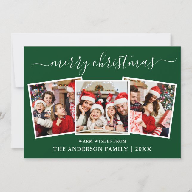 Modern Calligraphy 3 Photo Christmas Green Holiday Card (Front)