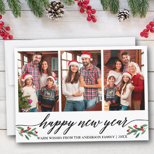 Modern Calligraphy 3 Photo Family Happy New Year Holiday Card