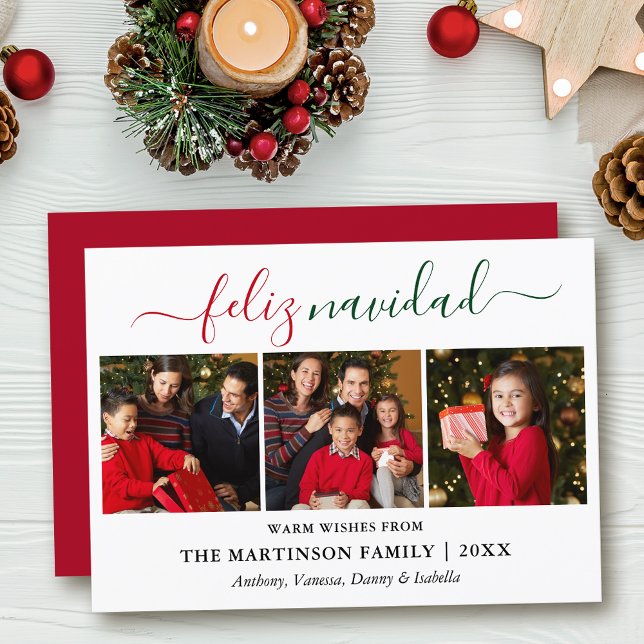 Modern Calligraphy 3 Photo Red Green Feliz Navidad Holiday Card (Customize to add text to back of card.)