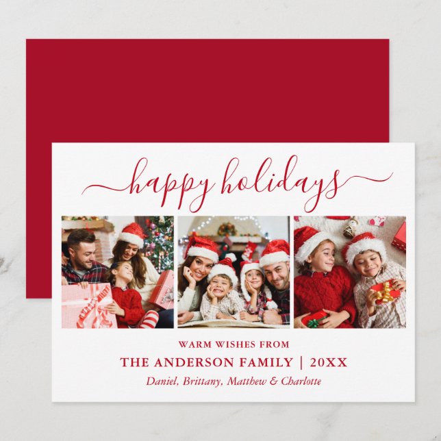 Modern Calligraphy 3 Photo Red Holiday Card (Front/Back)