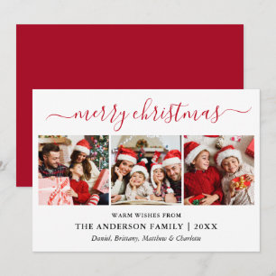 Modern Calligraphy 3 Photo Red Merry Christmas Holiday Card
