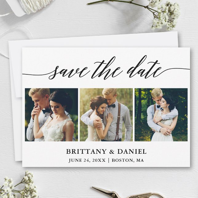 Modern Calligraphy 3 Photo Save The Date (Customize to change your personalized text size, style or to add more text & photos to back of card.)