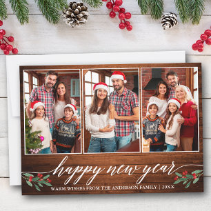 Modern Calligraphy 3 Photo Wood Happy New Year Holiday Card