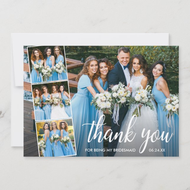Modern Calligraphy 4 Photo Collage Bridesmaid Thank You Card (Front)