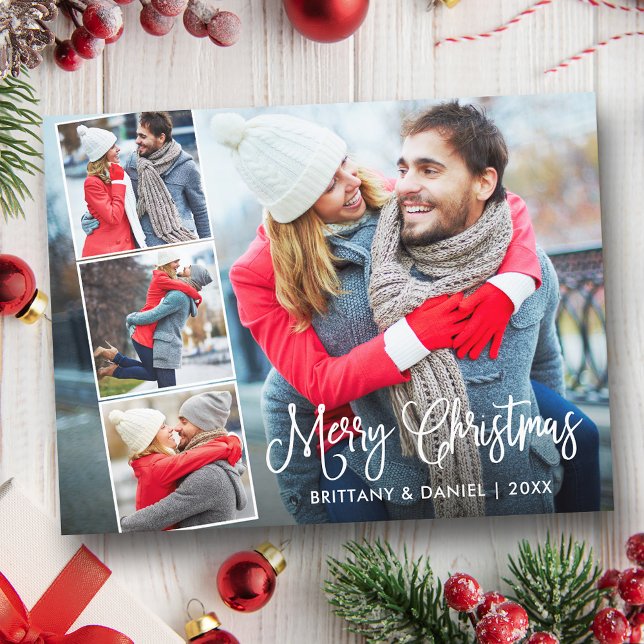Modern Calligraphy 4 Photo Collage Christmas Postcard (Customize to change your personalized text size or text style.)