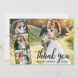 Modern Calligraphy 4 Photo Collage Wedding Thank You Card