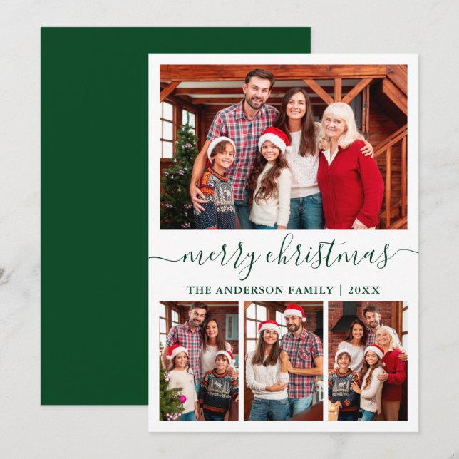 Modern Calligraphy 4 Photo Green Merry Christmas Holiday Card (Front/Back)