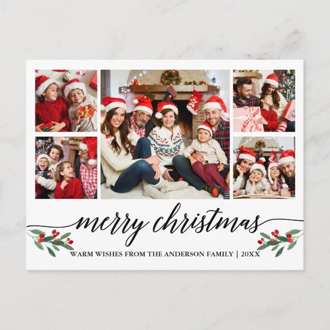 Modern Calligraphy 5 Photo Family Merry Christmas Postcard (Front)