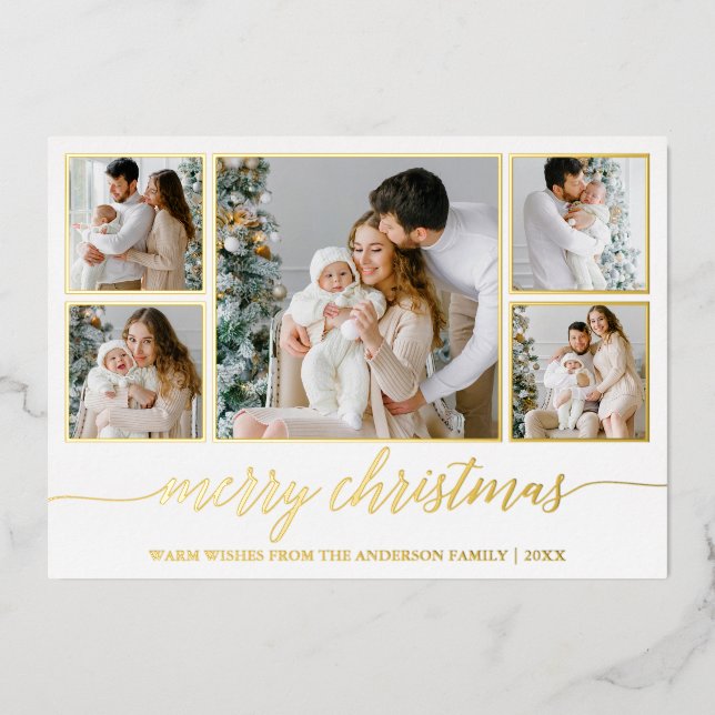 Modern Calligraphy 5 Photo Frames Christmas Gold Foil Holiday Card (Front)