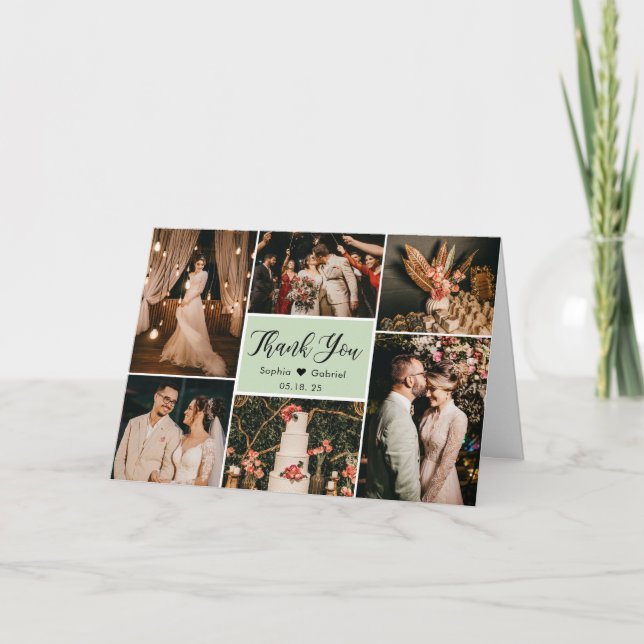 Modern Calligraphy 6 Photo Collage Wedding Thank You Card (Front)