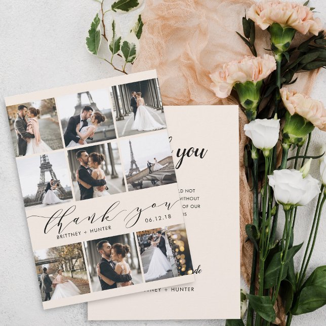Modern Calligraphy 9 Photo Collage Off White Thank You Card (Creator Uploaded)