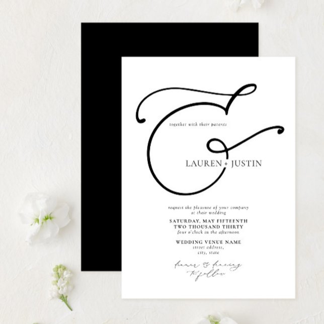 Modern Calligraphy Ampersand Black White Wedding Invitation (Creator Uploaded)