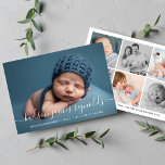 Modern Calligraphy Baby Boy Photo Collage Birth Announcement<br><div class="desc">Modern and minimalistic photo birth announcement card features elegant white calligraphy script for baby's name with clean birth stats below. The front showcases a full landscape photo while the back displays a six-photo collage grid with a "Welcomed With Love" family message. Personalize every detail from text to photos to create...</div>